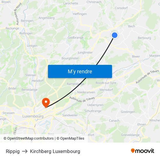 Rippig to Kirchberg Luxembourg map