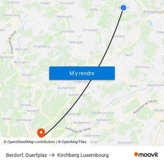 Berdorf, Duerfplaz to Kirchberg Luxembourg map