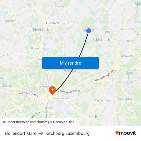 Bollendorf, Gare to Kirchberg Luxembourg map