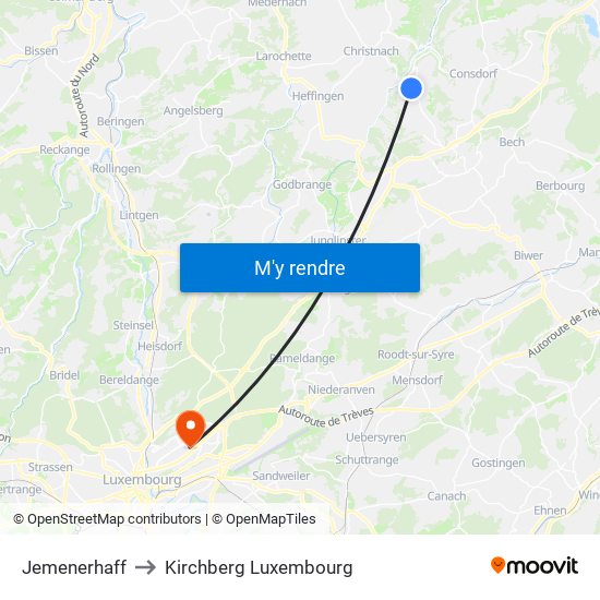 Jemenerhaff to Kirchberg Luxembourg map