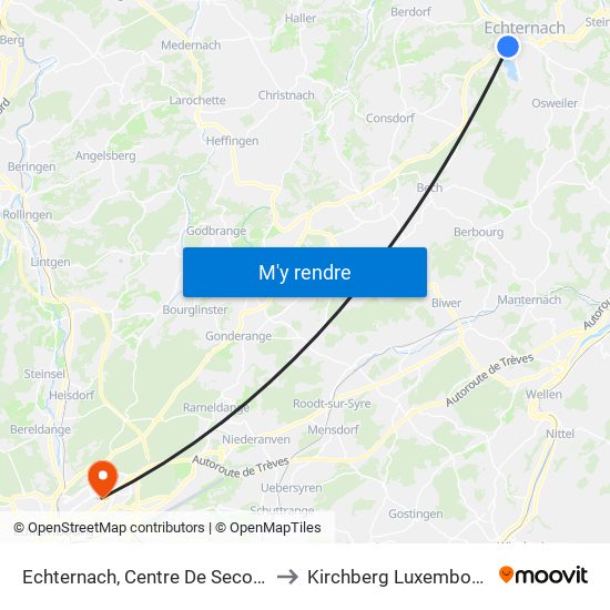 Echternach, Centre De Secours to Kirchberg Luxembourg map