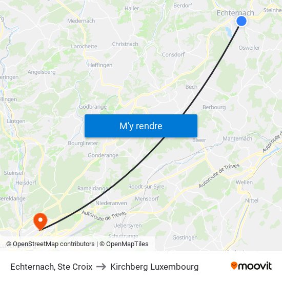 Echternach, Ste Croix to Kirchberg Luxembourg map