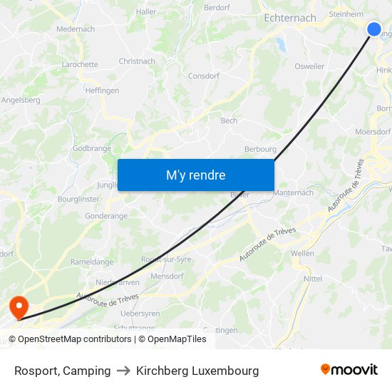 Rosport, Camping to Kirchberg Luxembourg map