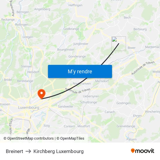 Breinert to Kirchberg Luxembourg map