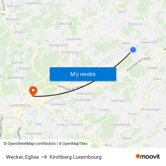 Wecker, Eglise to Kirchberg Luxembourg map