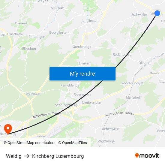 Weidig to Kirchberg Luxembourg map