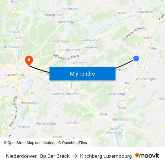 Niederdonven, Op Der Bréck to Kirchberg Luxembourg map