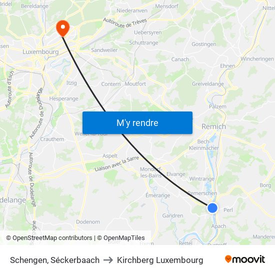 Schengen, Séckerbaach to Kirchberg Luxembourg map