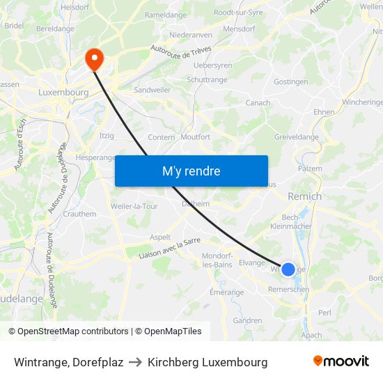 Wintrange, Dorefplaz to Kirchberg Luxembourg map