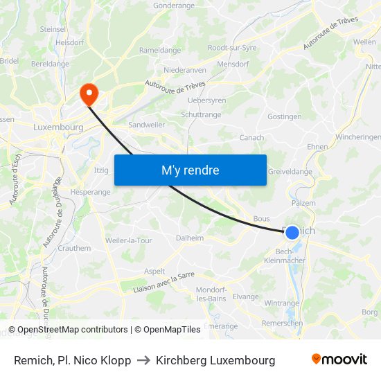 Remich, Pl. Nico Klopp to Kirchberg Luxembourg map