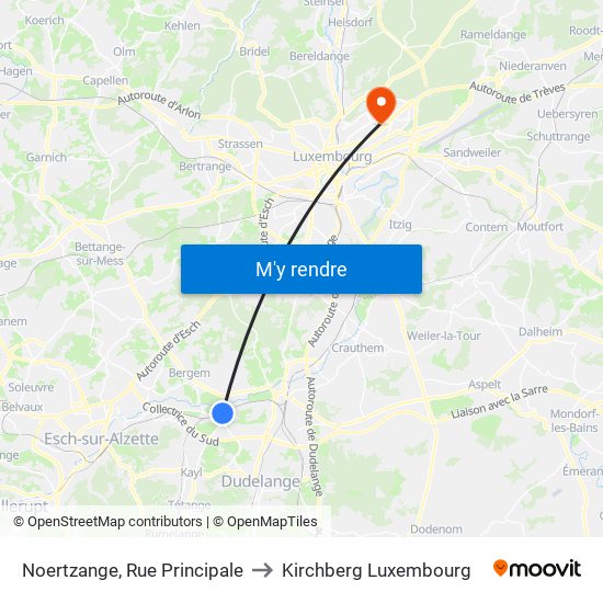 Noertzange, Rue Principale to Kirchberg Luxembourg map