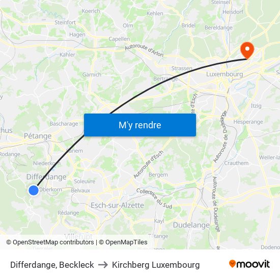 Differdange, Beckleck to Kirchberg Luxembourg map