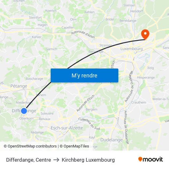 Differdange, Centre to Kirchberg Luxembourg map