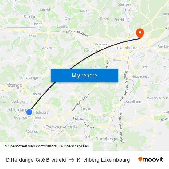 Differdange, Cité Breitfeld to Kirchberg Luxembourg map