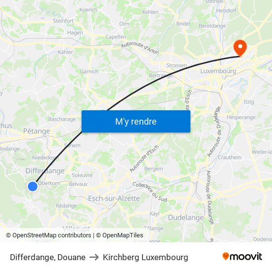 Differdange, Douane to Kirchberg Luxembourg map