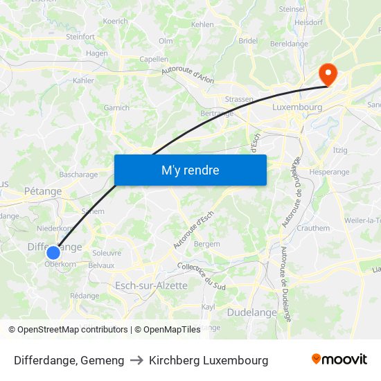 Differdange, Gemeng to Kirchberg Luxembourg map