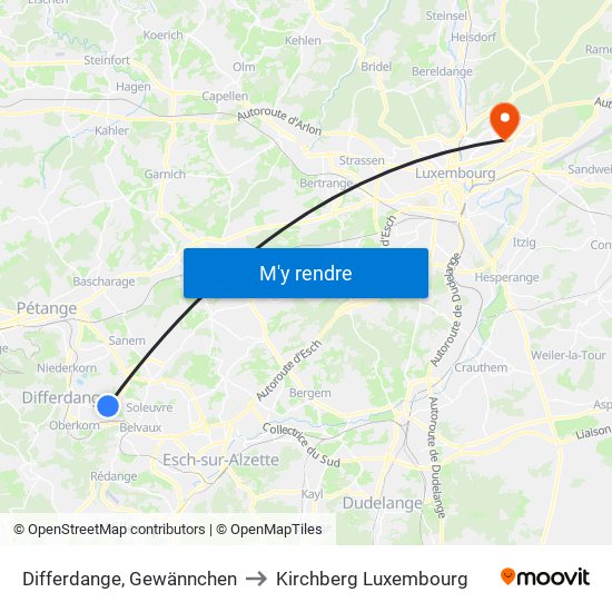Differdange, Gewännchen to Kirchberg Luxembourg map