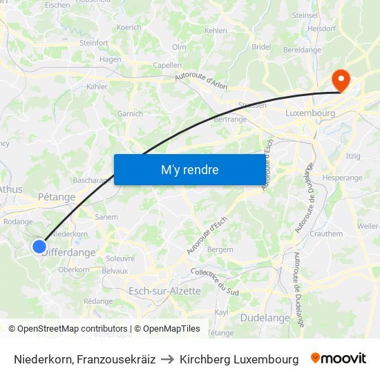 Niederkorn, Franzousekräiz to Kirchberg Luxembourg map