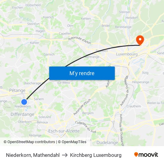 Niederkorn, Mathendahl to Kirchberg Luxembourg map