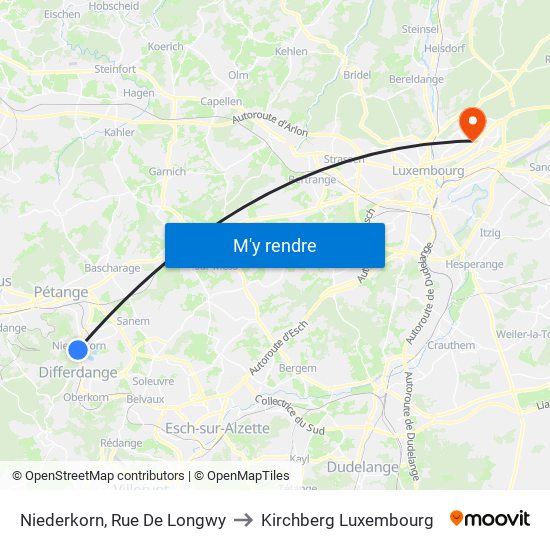 Niederkorn, Rue De Longwy to Kirchberg Luxembourg map