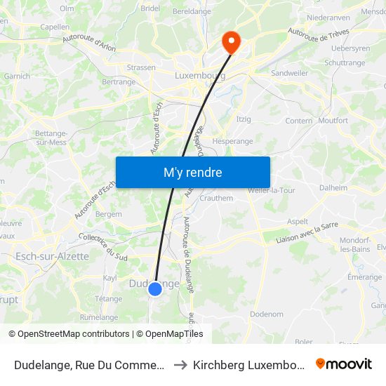 Dudelange, Rue Du Commerce to Kirchberg Luxembourg map