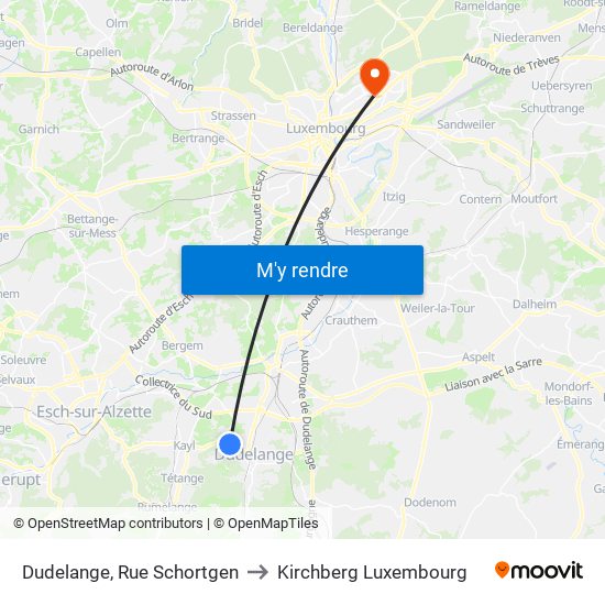 Dudelange, Rue Schortgen to Kirchberg Luxembourg map