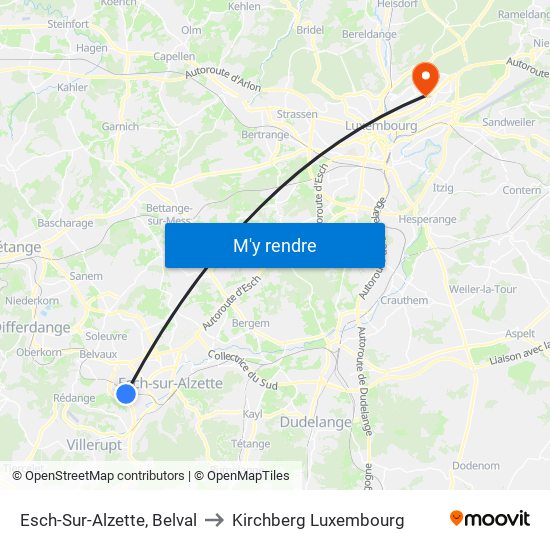 Esch-Sur-Alzette, Belval to Kirchberg Luxembourg map