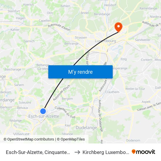 Esch-Sur-Alzette, Cinquantenaire to Kirchberg Luxembourg map