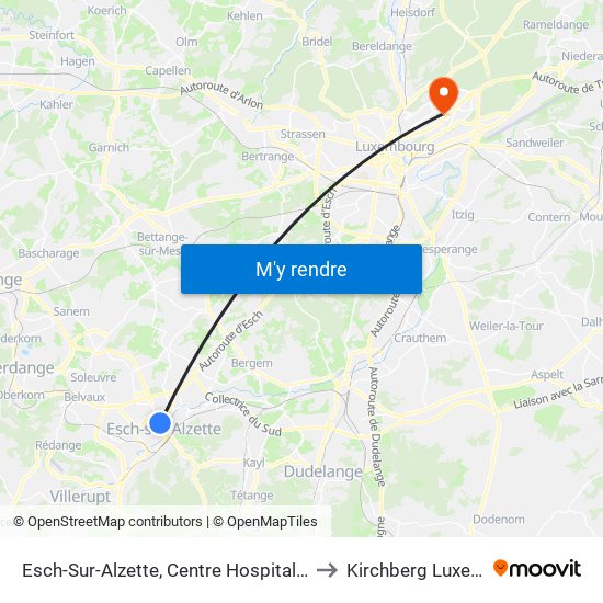 Esch-Sur-Alzette, Centre Hospitalier E. Mayrisch to Kirchberg Luxembourg map