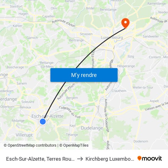 Esch-Sur-Alzette, Terres Rouges to Kirchberg Luxembourg map