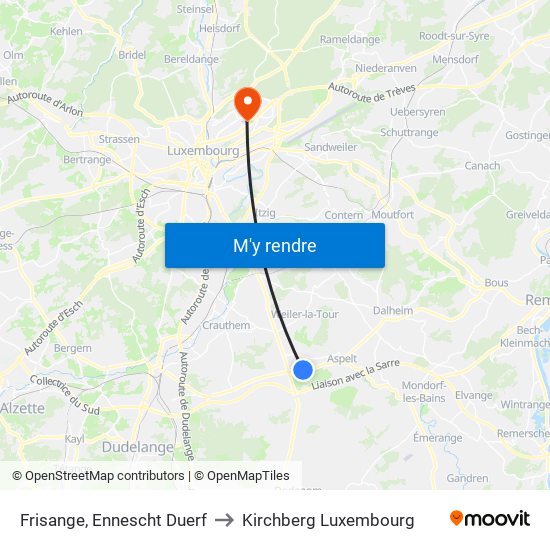 Frisange, Ennescht Duerf to Kirchberg Luxembourg map