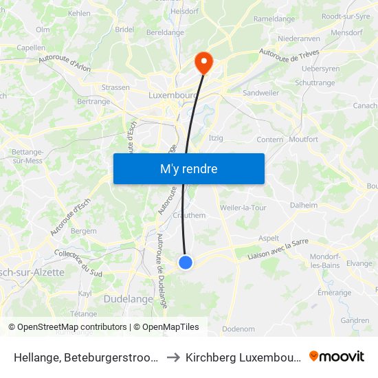 Hellange, Beteburgerstrooss to Kirchberg Luxembourg map