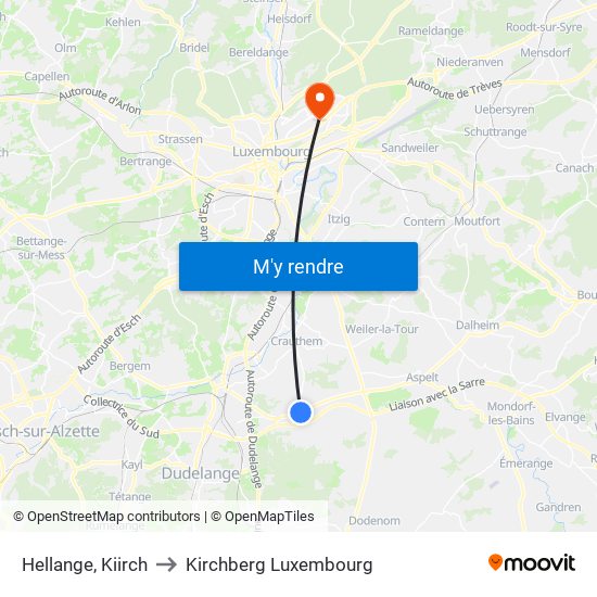 Hellange, Kiirch to Kirchberg Luxembourg map