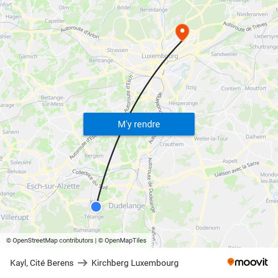 Kayl, Cité Berens to Kirchberg Luxembourg map