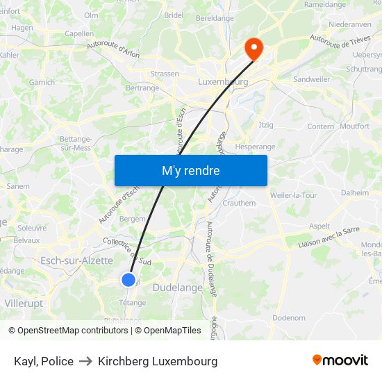 Kayl, Police to Kirchberg Luxembourg map