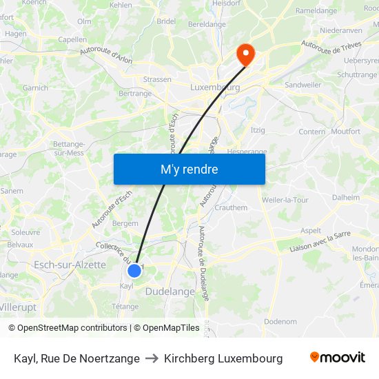 Kayl, Rue De Noertzange to Kirchberg Luxembourg map