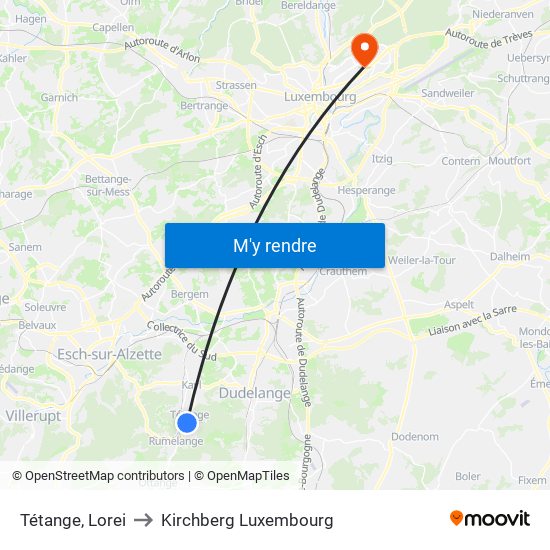 Tétange, Lorei to Kirchberg Luxembourg map