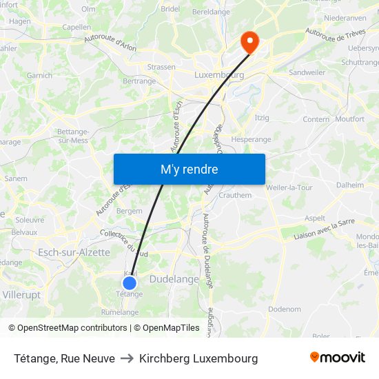 Tétange, Rue Neuve to Kirchberg Luxembourg map