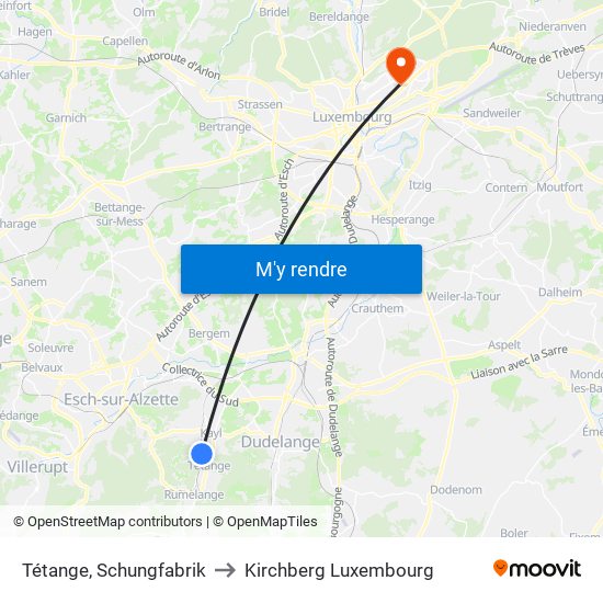 Tétange, Schungfabrik to Kirchberg Luxembourg map