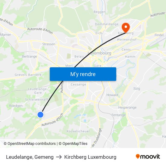 Leudelange, Gemeng to Kirchberg Luxembourg map