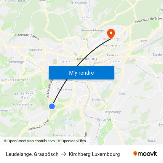 Leudelange, Grasbösch to Kirchberg Luxembourg map