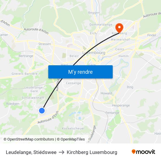 Leudelange, Stiédswee to Kirchberg Luxembourg map