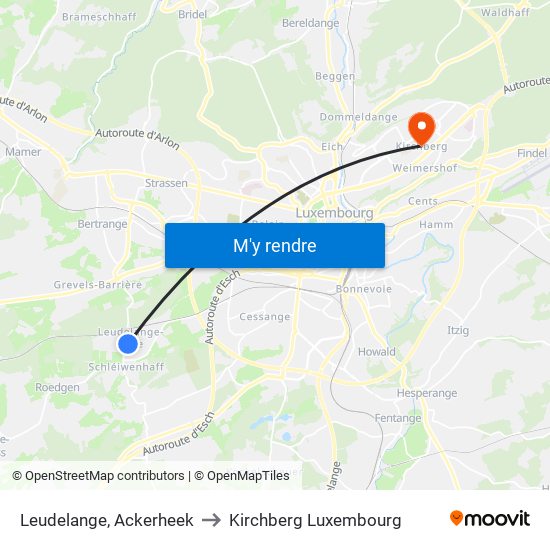 Leudelange, Ackerheek to Kirchberg Luxembourg map