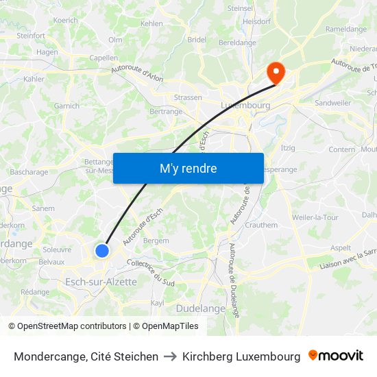 Mondercange, Cité Steichen to Kirchberg Luxembourg map