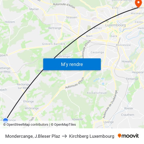 Mondercange, J.Bleser Plaz to Kirchberg Luxembourg map