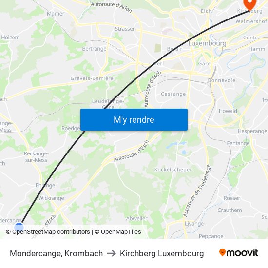 Mondercange, Krombach to Kirchberg Luxembourg map