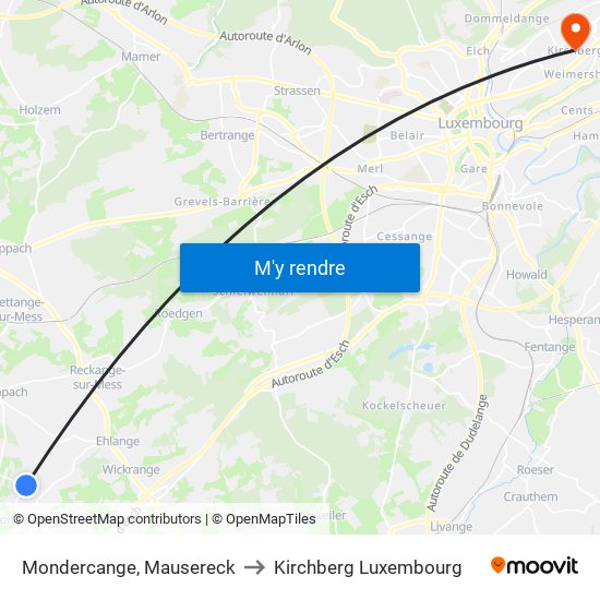 Mondercange, Mausereck to Kirchberg Luxembourg map