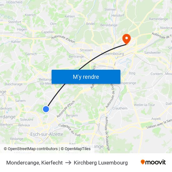 Mondercange, Kierfecht to Kirchberg Luxembourg map