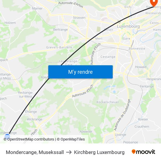 Mondercange, Musekssall to Kirchberg Luxembourg map