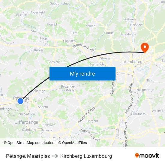 Pétange, Maartplaz to Kirchberg Luxembourg map